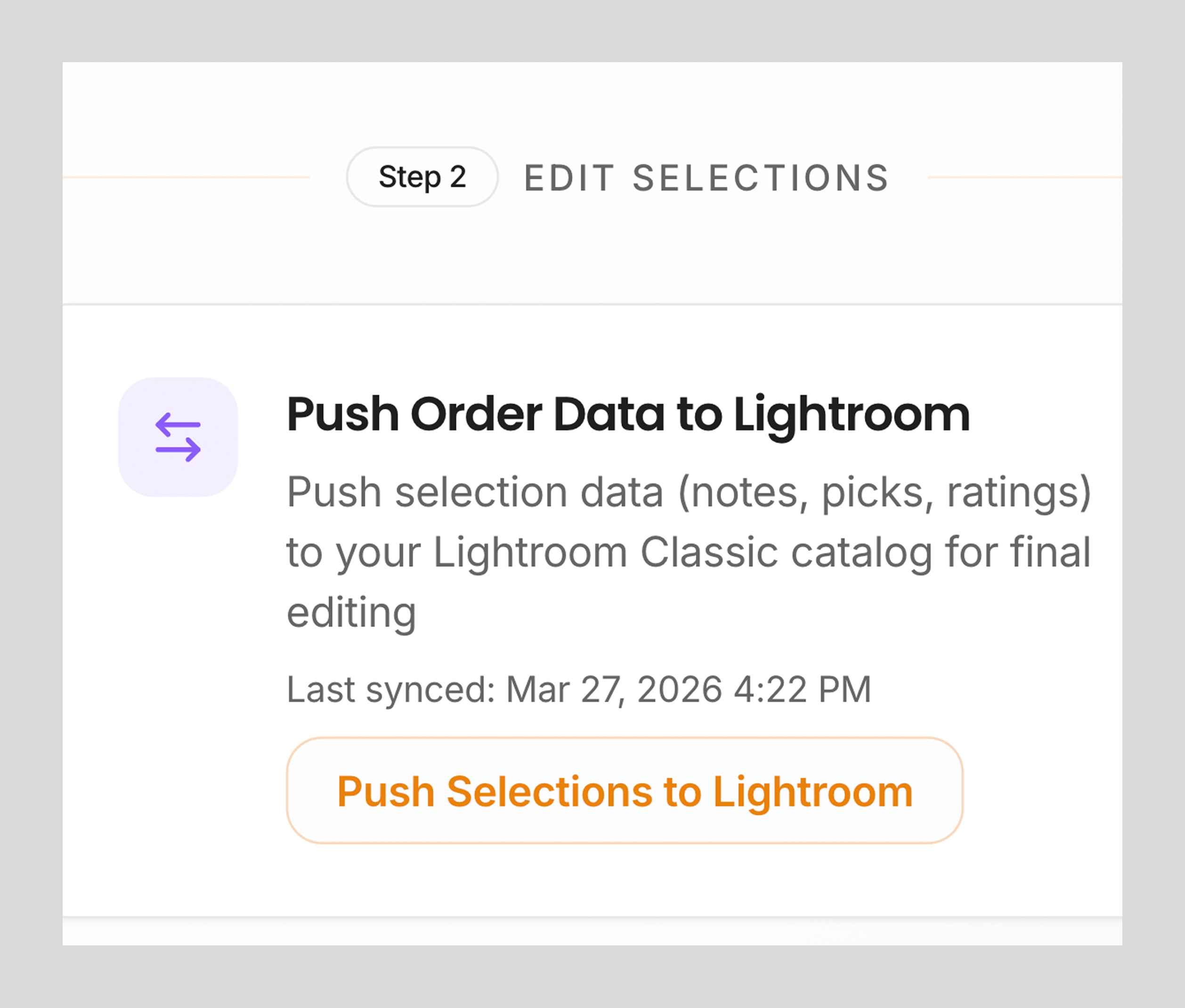 Push the order details to Lightroom